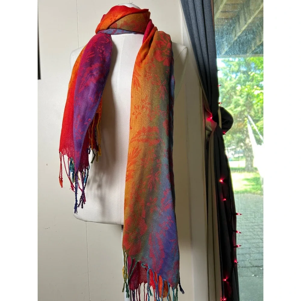 Rainbow Floral Jacquard Shawl Vibrant Fringe Wrap Scarf Festival Hippie Boho‎